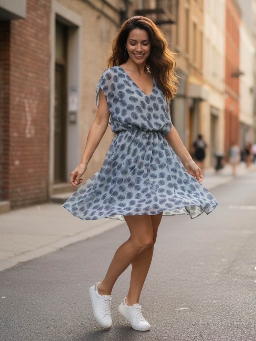 buttons Blue Polka-Dot V-Neck Mini Dress